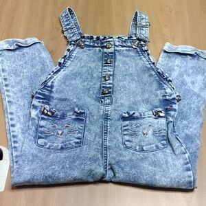 Denim Overalls with Cat Embroidery